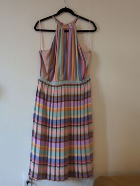 Joe Fresh Pastel Rainbow Striped Pleated Midi Dress